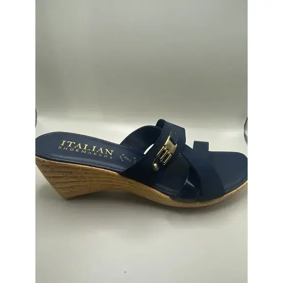 Italian Shoemakers Woman 10 Blue Elastic Straps Wedge Sandals Slide Slip On - Picture 7 of 9